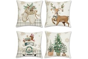 Bonhause Fundas Cojines Navidad Invierno Reno 45 x 45 cm Funda de Almohada Árbol Camión Guantes Vacaciones Invierno Poliéster Lino Cojines Decorativos para Sofá Hogar Juego de 4