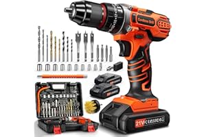 FAHEFANA 21V Cordless Hammer Drill with 2 Batteries 2.0Ah, 25+3 Nm Torque, 2-Speed Electric Impact Screwdriver Set, LED Light Combi Drill, Power Tools for Home and Garden (Orange)