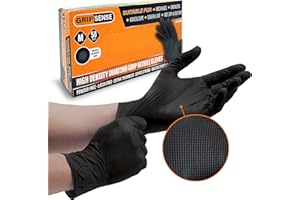 GripSense Nitrile Gloves (Pack of 50) - High Density Diamond Grip Black Gloves - Latex & Powder Free Black Nitrile Gloves Medium - Mechanic Gloves Extra Thick & Super Strong - Max Dexterity L5