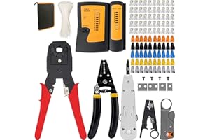 MAYLINEE-TECH MAYLINEE RJ11/RJ12/RJ45 Juego de Herramientas de Crimpado de red, Cortador de Crimpado de Pelado de Cables para /Cat5e/Cat6, 8P 6P Kit de Conector Pelacables de alicates de Kit 50 Conectores (Rojo)