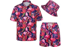 HARSEVER Men's Hawaiian Shirt and Shorts Set Casual Funky Beach Flamingo Shirt Set Beach Party Shirts Suits with Bucket Hat