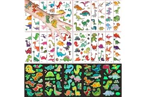 FLYFTREY Tatuajes Temporales para Niños Niñas, 250 Tatuajes Dinosaurio, 20 hojas Tatuajes de dibujos animados y 5 hojas Tatuajes que brillan la oscuridad,Regalos de Cumpleaños Festivales Suministros Fiestas