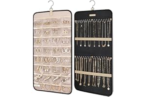 bagsmart Dual-sided Jewelry Organizer Hanging with Metal Hooks,32 Pockets and 3 Wave-Shaped Hooks,Jewelry Roll for Earrings,Necklaces,Rings on Closet,Wall,Door,1 piece, Large,Black