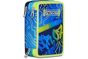 Seven Astuccio Scuola 3 Zip, Blu, Portapenne Triplo Scomparto Completo Di Penne, Matite, Colori, Accessori Zaino, Scuole Elementari, Bambino
