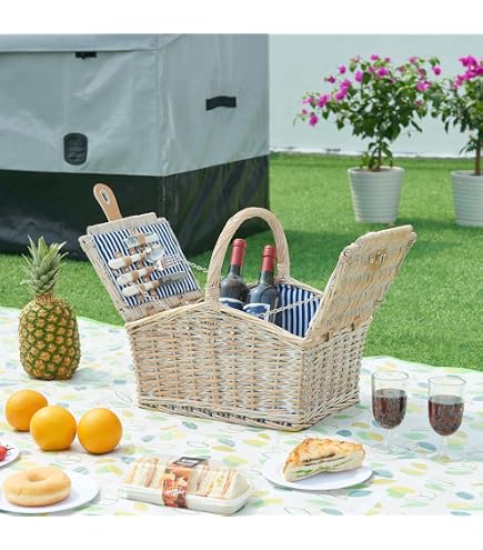 Cesta De Picnic Para 4 Personas DIV04032 | Bolsa + Nevera Portátil Con Vajilla De Porcelana, Cubiertos Y Copas De Cristal (Beige) | Décoshop26