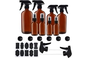 BELLE VOUS Braunglas Sprühflasche Set (8-Teilig) – 57-455ml Verschiedene Sprühflaschen Glas Leer Zerstäuber Glas mit Etiketten und Deckel als Zerstäuber Öl, Reinigungsmittel, Pflanzen Sprühflasche
