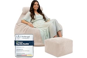 ‎DREAMROOTS DreamRoots Sitzsack Erwachsene Cord oder Kinder - Bean Bag Sofa - Sitzsack Cord mit Hocker und Bezug - Sitzsäcke mit Füllung 90x90x100 cm Vanilla Ice
