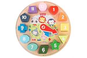 WOOMAX 48814 - Reloj educativo, madera natural, Juguete para aprender la hora, Fisher-Price, Fisher-Price, +3 años.