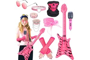 ViEinkaufen 10 Pcs Rock Star Fancy Dress Kids Set,Rockstar Costume Set Heavy Metal Collar Bracelets Bandana Inflatable Guitar,Punk Accessories for Carnival 80s Disco Party