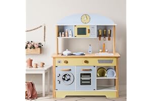 WOODENFUN Cuisine pour enfants avec 16 jouets de nourriture et ustensiles de cuisine pour enfants en bois