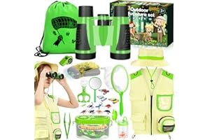 KDISHKRA Kit Explorador Niños 23 Piezas – Juego Exploración Infantil con Prismaticos, Lupa, Caja Insectos, Chaleco, Sombrero, Linterna y Red – Disfraz Aventura para Jardín, Camping y Naturaleza