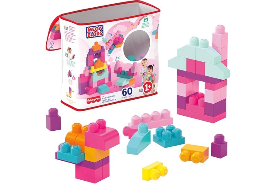MEGA BLOKS Big Building Bag building set with 60 big and colorful building blocks, and 1 storage bag, toy gift set for ages 1 and up, DCH54, Pink
