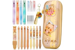 ANYFIRST Anfirst Trousse Capybara Kawaii avec Fourniture, Set Fournitures Scolaires Kawaii & Papeterie Capybara avec Trousse, 4 Stylo Gel, 4 Surligneurs & 4 Porte-mines, Cadeau Fille & Garçon 4 5 6 7 8 9 Ans