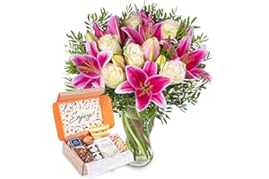 PRESTIGEFLOWERS Pink Lilies and rose with Afternoon Tea Gift - Tea Gifts - Tea Hampers - Fresh Cut Flowers – Occassional Gifts – Birthday Flowers – Colourful Flowers - Flowers - Next Day Flowers