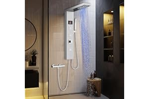 ROVOGO LED Colonne Panneau de Douche Hydromassante sans Mitigeur et Batterie, avec Affichage de la Température, Douche Pluie, Jets de Massage, Douchette à Main et Bec de Baignoire, Acier inox 304, Brossée