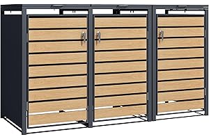 AURAHOME DWD Garden Triple Wheelie Bin Hideaway 120L,240L Waste Bin,Storage Shed w/Locking Doors Assisted lift up Lid easy use Outdoor Hygienic Dustbin Unit Cover Powdercoated Steel Matt Grey with Oak Doors