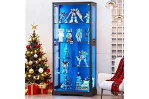 Gurexl Display Cabinet with Glass Doors,70'' Curio Cabinet with Adjustable Glass Shelf,4-Tier Display Cases with 3 Color Lights for Collectibles,Storage Cabinet with Human Body for Books,Toys,Black