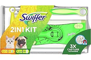 Swiffer 2in1 Kit, 1 Bodenwischer + 8 Trockene Bodentücher Und 1 Staubmagnet + 1 Tuch, Ideal Für Tierbesitzer