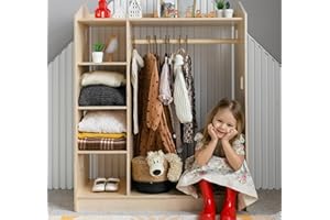 BusyKids Montessory Children Wooden Wardrobe Kids Dress up Storage with Hanging Rod Section Clothes Rail for Child Room Nursery Bedroom Closet Toddler House Furniture Organizer 4 tiers shelves