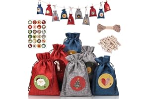 ‎HONGTAISHENG Adventskalender zum Selber Befüllen, Weihnachtskalender Selbstbefüllen Aufhängen, 24 Stoffsäckchen Selbst Befüllen Bastelset, Weihnachten Geschenksäckchen für Kinder Mädchen (Volltonfarbe)