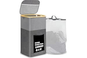 Atsense WäSchekorb mit Deckel, 110L WäSchesammler Schmal mit Bambus Henkel und Innentasche, Grau Laundry Baskets, Groß Hoch WäSchebox füR Die Aufbewahrung Von SchmutzwäSche