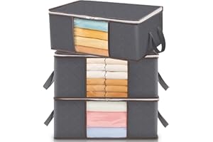 Lifewit 35L Clothes Storage Bag Foldable Storage Boxes with Lids Underbed Wardrobe Storage Organiser with Sturdy Fabric Clear Window for Clothing Bedding Sweaters T-shirts Blankets, 3 Pack, Grey