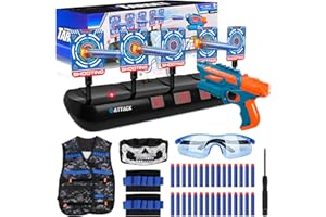 BUOAZR Cible pour Nerf avec 5 Cibles 3 Modes, Cible avec Pistolet Jouets, Gilet Tactique, 30 Mousse Fléchettes, Jeu Electronique de Tir avec Effet Lumineux et Sonore, Jouet pour 3+ an Garçons Filles