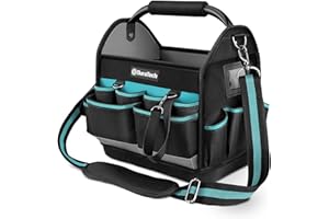 DURATECH Tote Tool Bag 30.5 x 22 x 30 cm, Heavy Duty 900D Open Tool Bag, Electricians Tool Bag with Rotatable Steel Tube Grip and Adjustable Shoulder Strap, Plumbers Tools Bag with Multiple Pockets