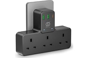 INFLUX Multi Plug Extension Socket, 3 Way Electrical Outlet Extender with Fast Charging Ports, Universal Plug Adapter, Extension Cord Power Strip with 3 AC Outlets Individually Switched