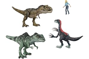 Jurassic World HJK02 Epicki Pakiet Bitewny New Age, 3 Autentyczne Figurki Dinozaurów i 1 Figurka Ludzka, Fizyczna i Cyfrowa Zabawa dla Dzieci w Wieku 4 Lat i Starszych
