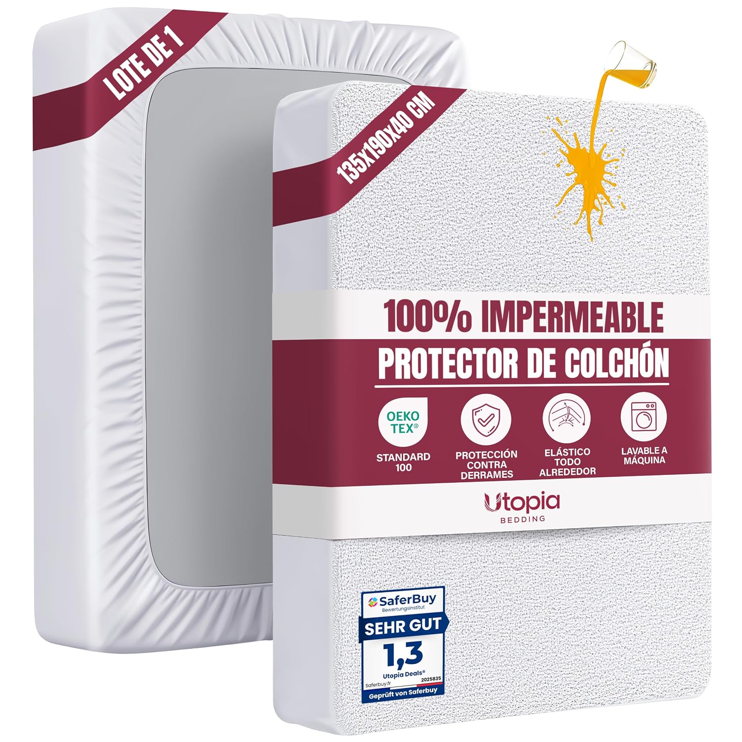Utopia Bedding Protector Colchón 135 x 190 x 40 cm Impermeable, Certificación Oeko-Tex Funda Colchón, Cubre Colchón Transpirable, Elástico En Todo El Contorno