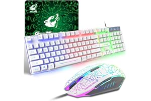 ZIYOU LANG Gaming Tastatur Und Maus Set, QWERTZ German Layout Regenbogen LED Hintergrundbeleuchtung Ergonomische Keyboard 6 Tasten 2400 DPI Maus und Mauspad, USB Verkabelt, Kompatibel mit PS4 XBox, Weiß