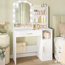 Coiffeuse Avec Miroir LED Et Tabouret - 2 Tiroirs, 4 Compartiments - Dimensions 40x108x141 Cm - Blanc - 2