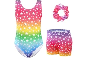 XiaoMoSha Set di body da ginnastica da bambina, 3 pezzi, senza maniche, con pantaloncini e fascia per capelli, colore sfumato scintillante, per danza classica, ginnastica, per bambini dai 3 ai 12 anni