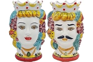 Sicilia Bedda - Coppia Teste di Moro SICILIANE in Ceramica di CALTAGIRONE - Realizzate a Mano - H Centimetri 18 - Elegante Complemento d'Arredo (Corona Gialla)