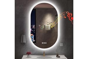 S'bagno Oval Bluetooth Bathroom Mirror with LED Lights 500x800mm, Anti-Fog, LED Bathroom Mirror with Memory, 3000K-6500K, Dimmable, HD Tempered Glass, IP44 Waterproof, Horizontal or Vertical