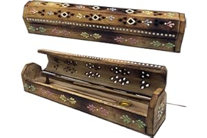 SNADI Bruciatore incenso (incensario) scatola di legno decorata a mano in India - Esclusivo disegno di sponde bianche ed elefanti 30,5 x 6,2 x 5,5 - - Peso 240 g. Porta incenso legno
