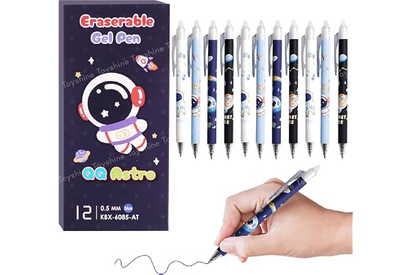 Toyshine 12 Pc Astronaut Theme Stylish Retractable 0.5mm Erasable Gel Pen, Blue Ink Smooth Writing Refillable Gel Pen Kawaii Stationery for Kids Birthday Party Return Gift