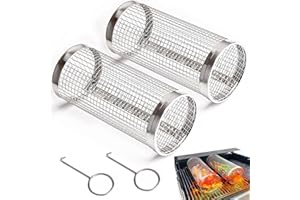 HXUING 2 Pezzi Cestino per Barbecue, Cestello per Griglia Rotante Cestini per Grigliare Griglia Barbecue Acciaio Inox Cestini per Grigliare Cilindrici, per Grigliate di Verdure, Carne, Pesce