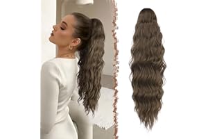 FESHFEN Coda Capelli Extension Ondulati Lunghe, Coda Finta Capelli con Pettine Sintetici Posticci Ponytail Ricci Onda Coda di Cavallo Extensions per Donne, 60 cm Marrone Chiaro
