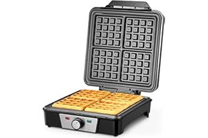 Reemix Piastra per Waffle per 4 Cialde Belghe, 1200 W Cialda Elettrico con Piastre Antiaderenti, Piastra Waffle Anti-versamento, Indicatori luminosi, Acciaio inossidabile