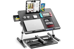 SAIJI Tavolino per Laptop, Tavolino Pieghevole Regolabile per Laptop Scrivania Portatile Tavolino per Colazione con PVC Pelle con Cassetti Portaoggetti, Libreria（Nero）