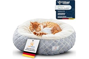SYMPATIERISCH Katzenbett [beruhigende Wirkung] - Rundes, flauschiges Kissen für deine Samtpfote - Katzenkissen, Katzen-Körbchen, Kuschelbett waschbar, Katzenschlafplatz-Bettchen, Katzenbettchen | 55x55x20 cm