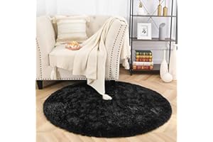 MARATIP Plüsch Teppich Rund,Flauschiger Teppich Rund, modernes Wohnzimmer, Kinder Mädchen,weicher und Flauschiger Teppich für das Schlafzimmer/Wohnzimmer/Kinderzimmer(Schwarz,Ø 120 cm Rund)