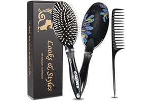 Hair Brush, Sosoon Boar Bristle Hair Brushes for Women Men Kids Thick Curly Dry Wet Hair, Smoothing Detangling Hairbrush Adds Shine and Improves Hair Texture with Hair Comb (Black)