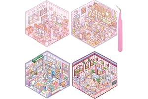 Wnqou 4 juegos de pegatinas caseras en 3D: simulación en miniatura de una cabaña y de la escena de una panadería en un supermercado, ¡bonitas pegatinas de dibujos animados para adultos y niñas