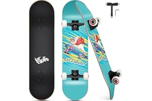 Funxim Skateboard Standard per Bambini 31 x 8 Pollici a 4 Ruote a 7 Strati in Legno di Acero Double Kick Skateboard Completo per Uomini e Donne Giovani Bambini Principiante Scheletro