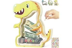 DBPBToU Salvadanaio Bambini in Legno, Dinosauro Apribile Personalizzato, Decorazione per Casa, Regali per Festa dei Bambini/Natale/Compleanno (Tirannosauro Rex + adesivi)