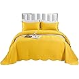 Mustard Super King 3 Piece Quilted Bedspread Plain Embossed Comforter Bedding Set with 2 Pillowcase (Mustard, Super King)