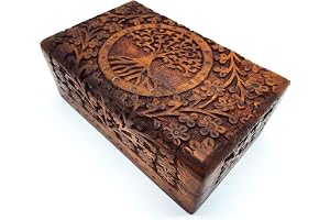 Handgjord trälåda i storlek L med livets träd för förvaring av smycken, andlig familj, indisk livsstil (storlek L 20 x 12,5 x 7,5 cm, vikt: ca 700 g)